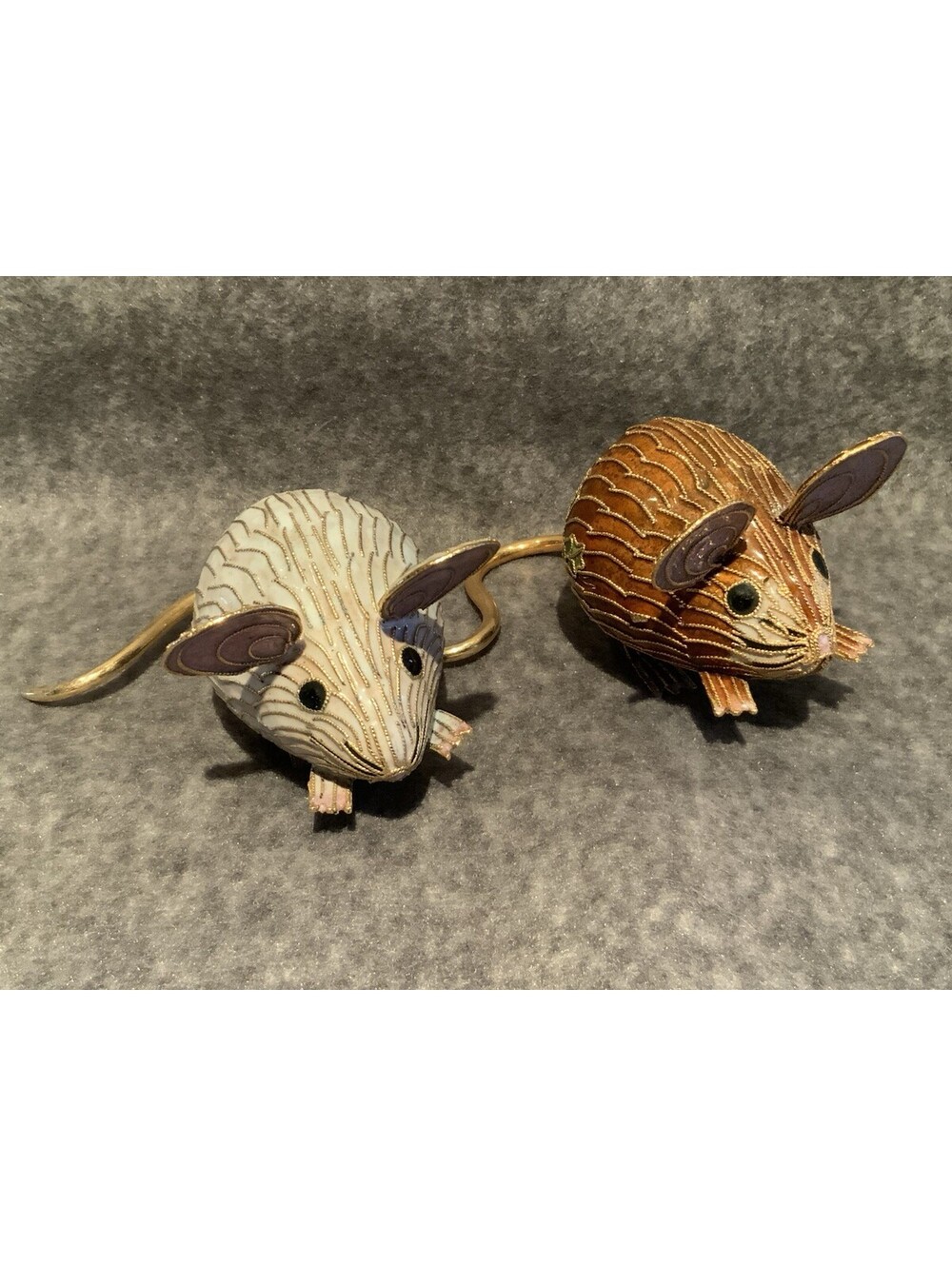 Vintage Christmas Cloisonné Enameled Holiday Mice Figurines - Set of Two